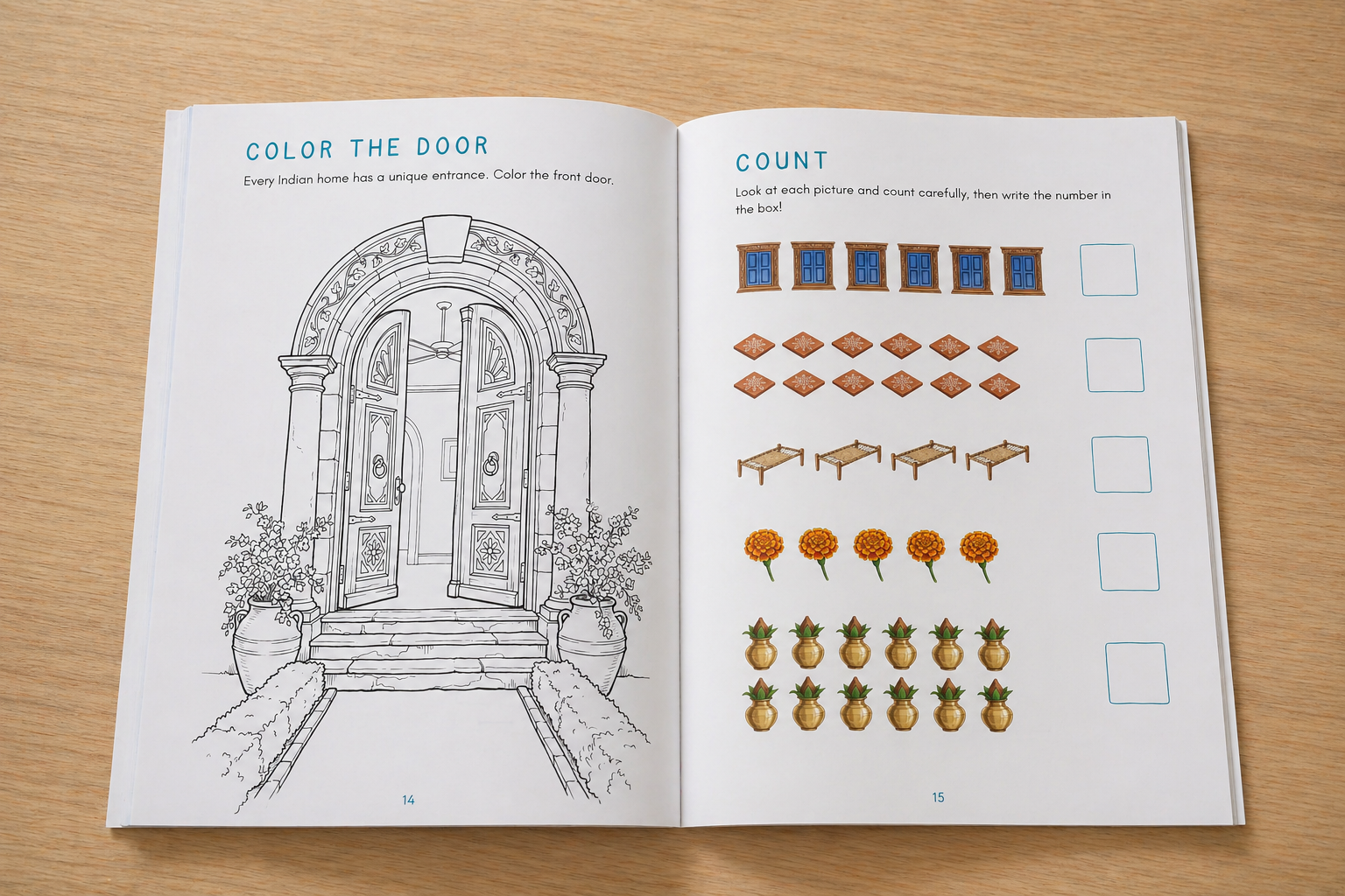 Inside the activity book: coloring and counting activity pages