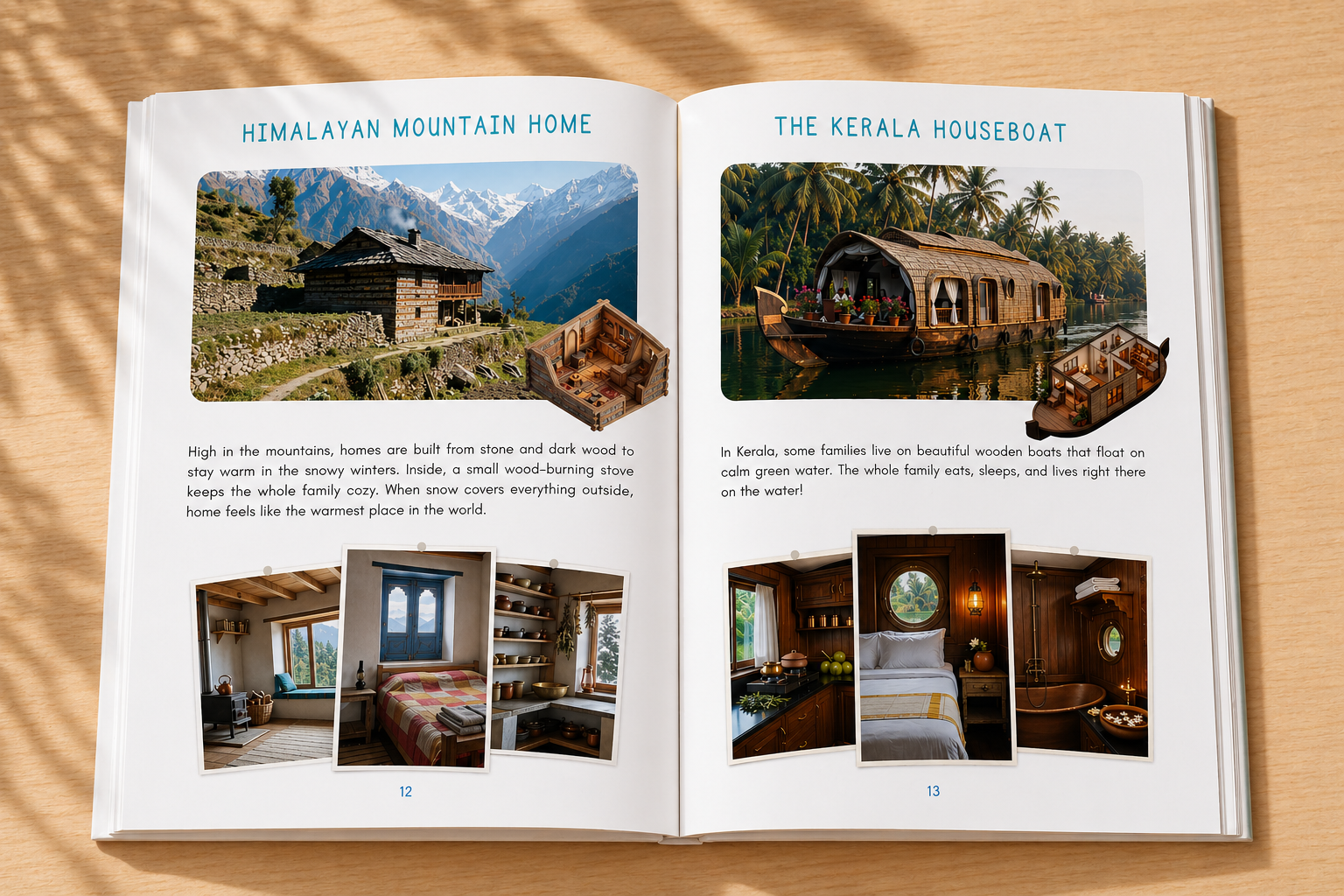 Inside the activity book: Himalayan Mountain Home and Kerala Houseboat spreads